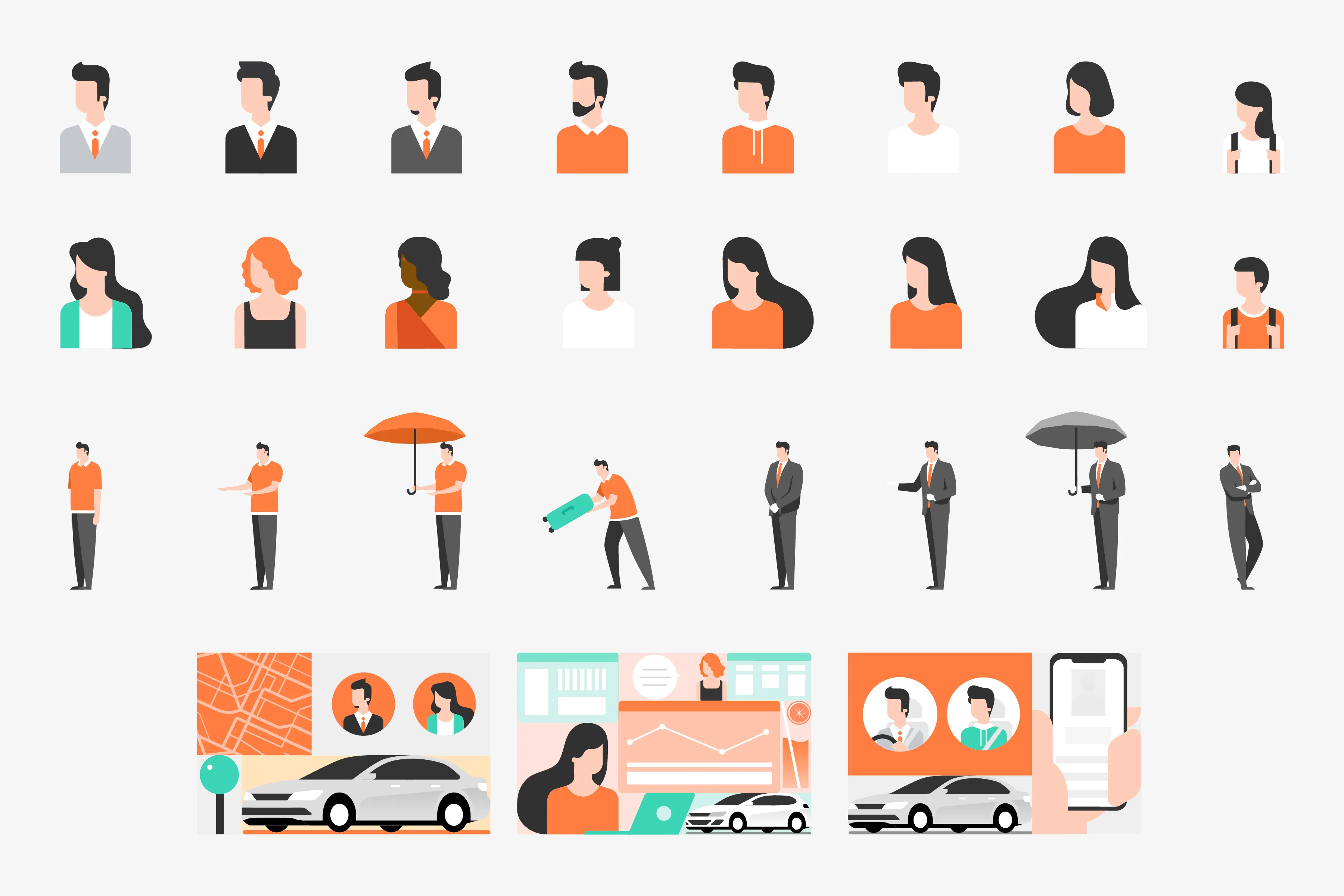 Grid of the generic illustrations inherited from headquarters: business avatars, standing figures and car scenes