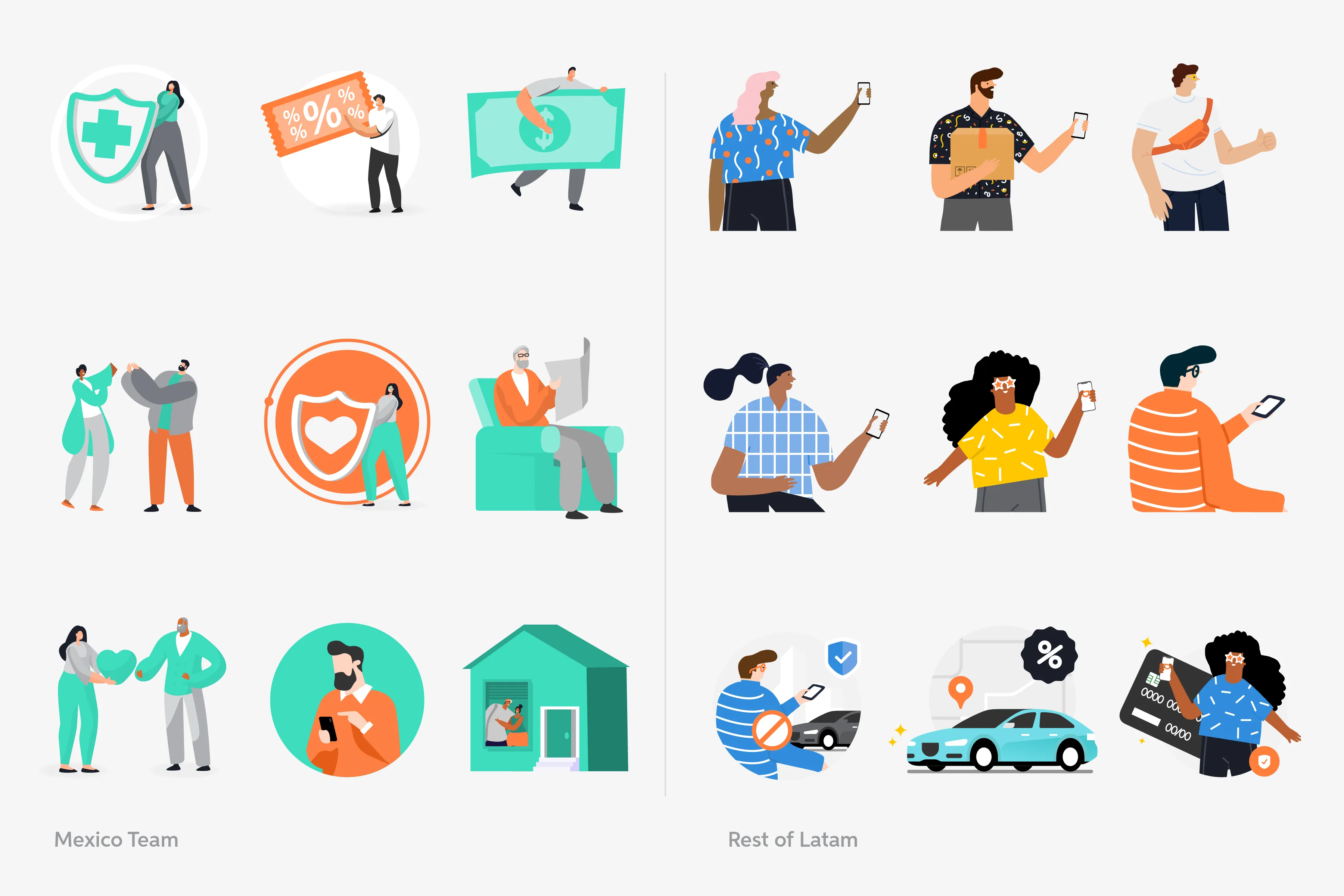 Illustrations made by the Mexico team next to those made by the rest of Latam, showing two different visual styles