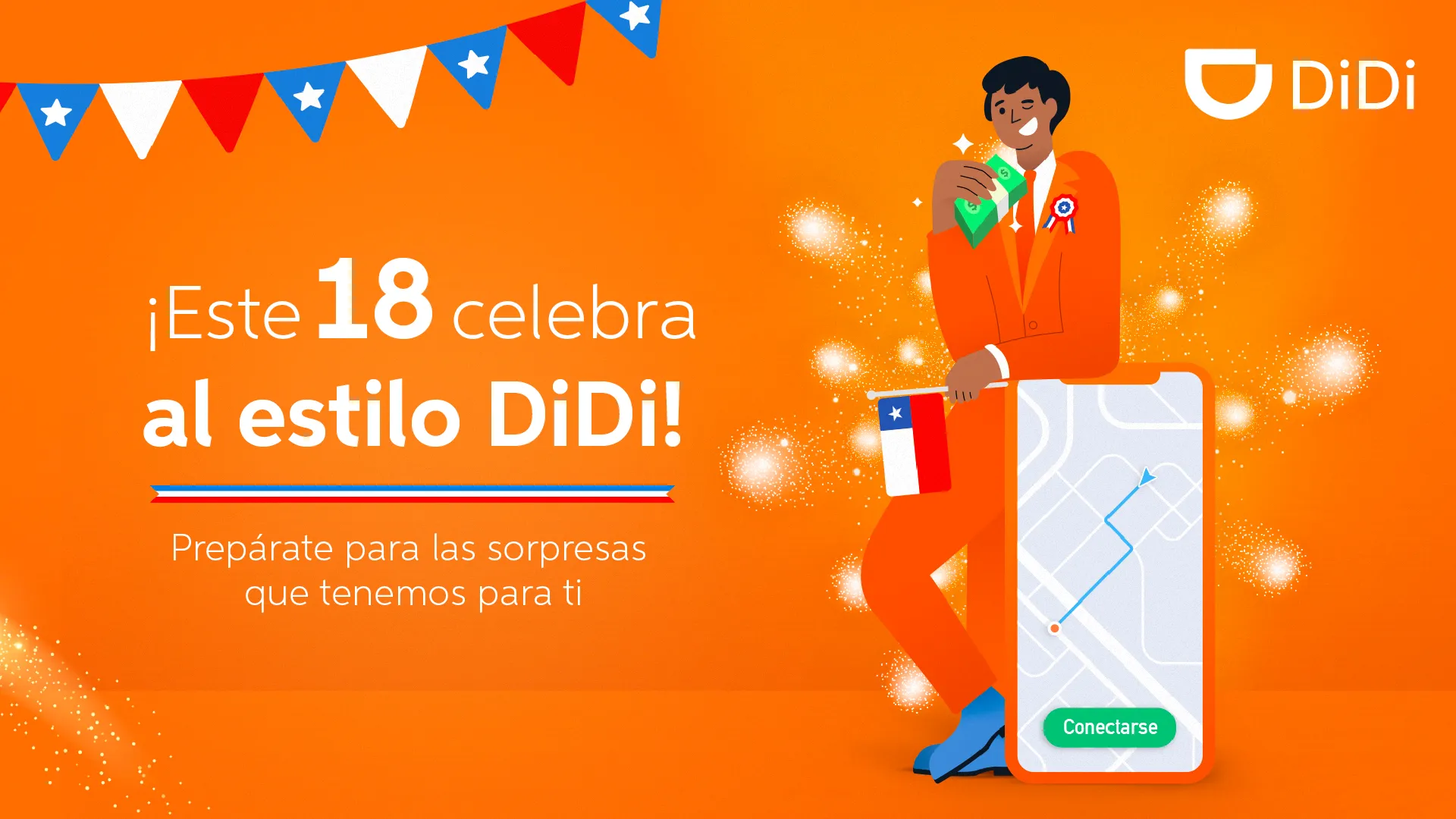 Adaptation for Chile’s national holidays: the orange passenger with a Chilean flag and bunting, with the text Este 18 celebra al estilo DiDi