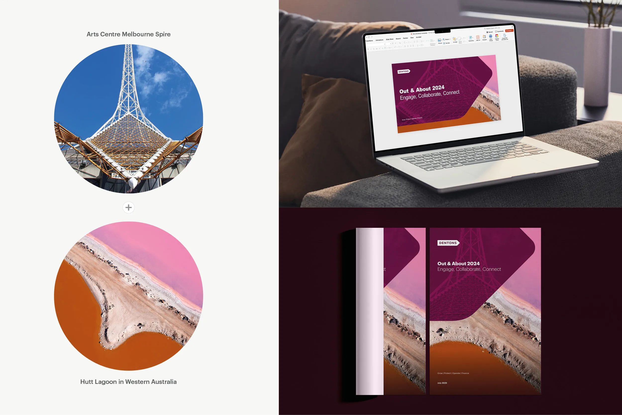 Arts Centre Melbourne spire paired with Hutt Lagoon, applied to an Out & About 2024 presentation on a laptop and a printed cover