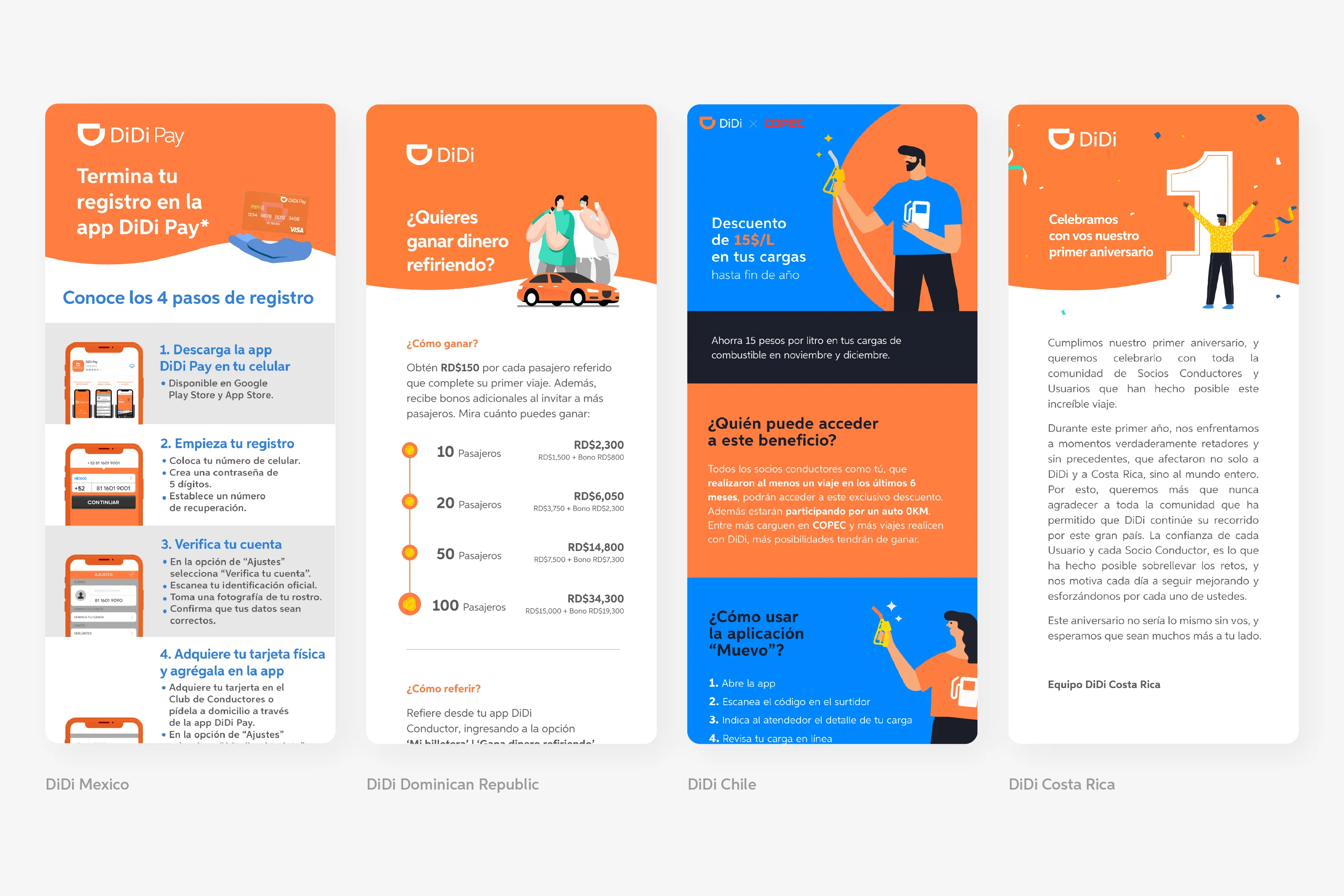 In-app communications from DiDi Mexico, Dominican Republic, Chile and Costa Rica, each with a different layout and style
