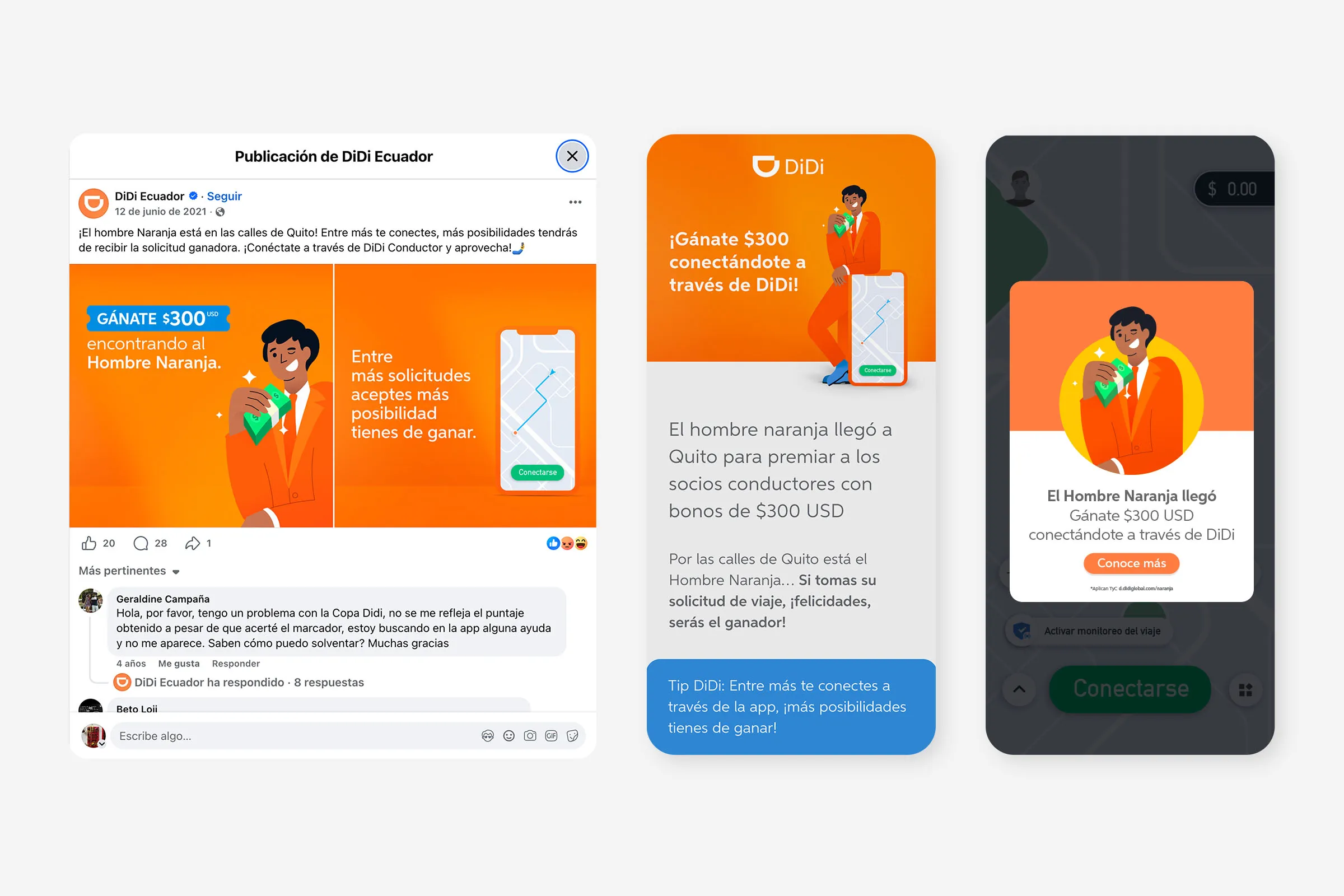 Campaign adaptations: a Facebook post, an in-app banner, and an in-app pop-up