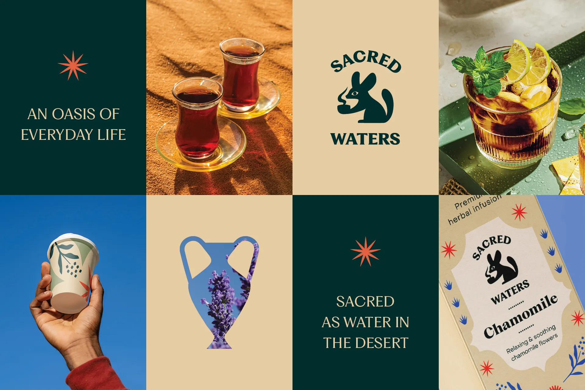 Brand moodboard grid with tea glasses, a vase, iced tea, a cup held up to the sky, and taglines such as An oasis of everyday life