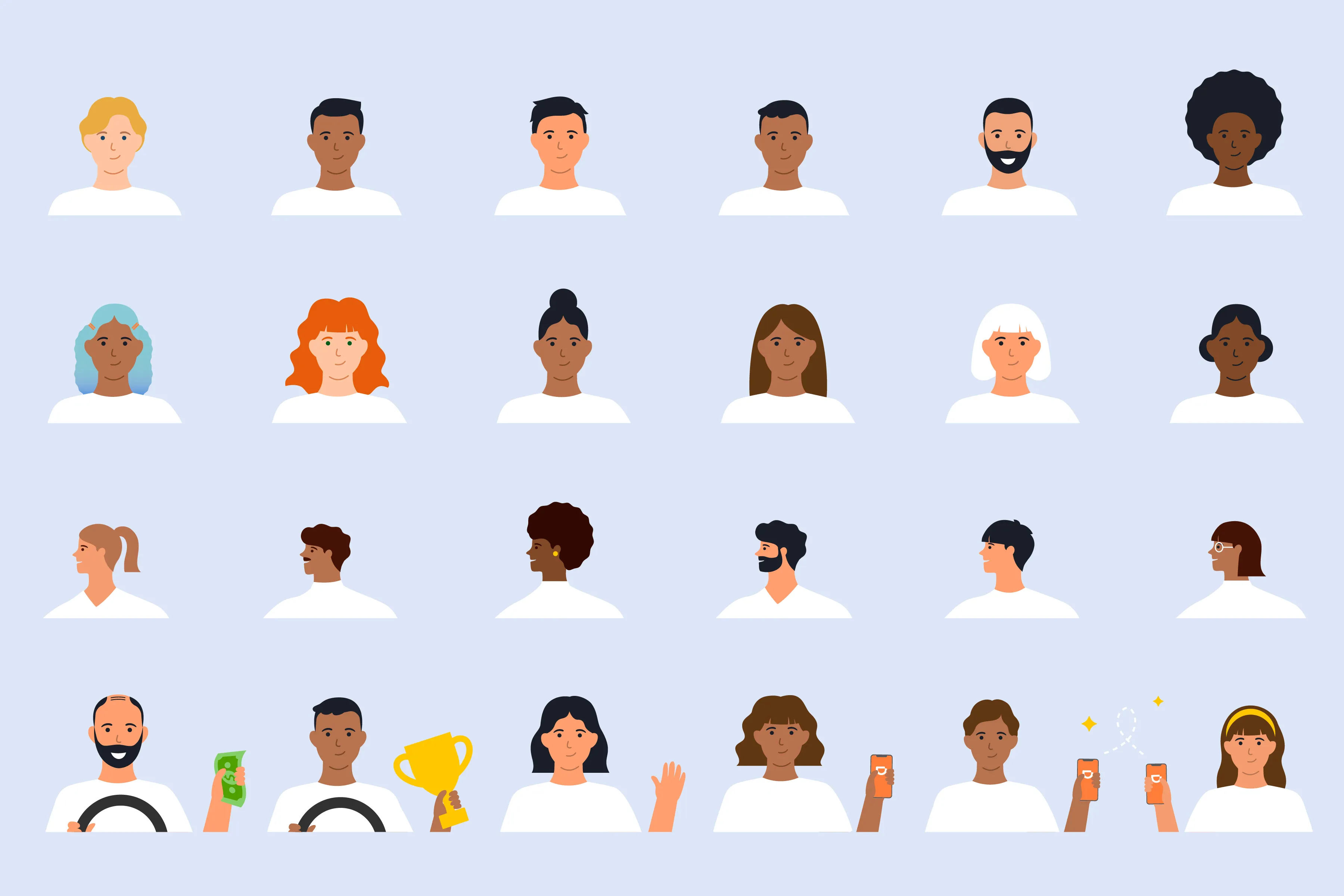 Grid of diverse character avatars with different hairstyles and skin tones