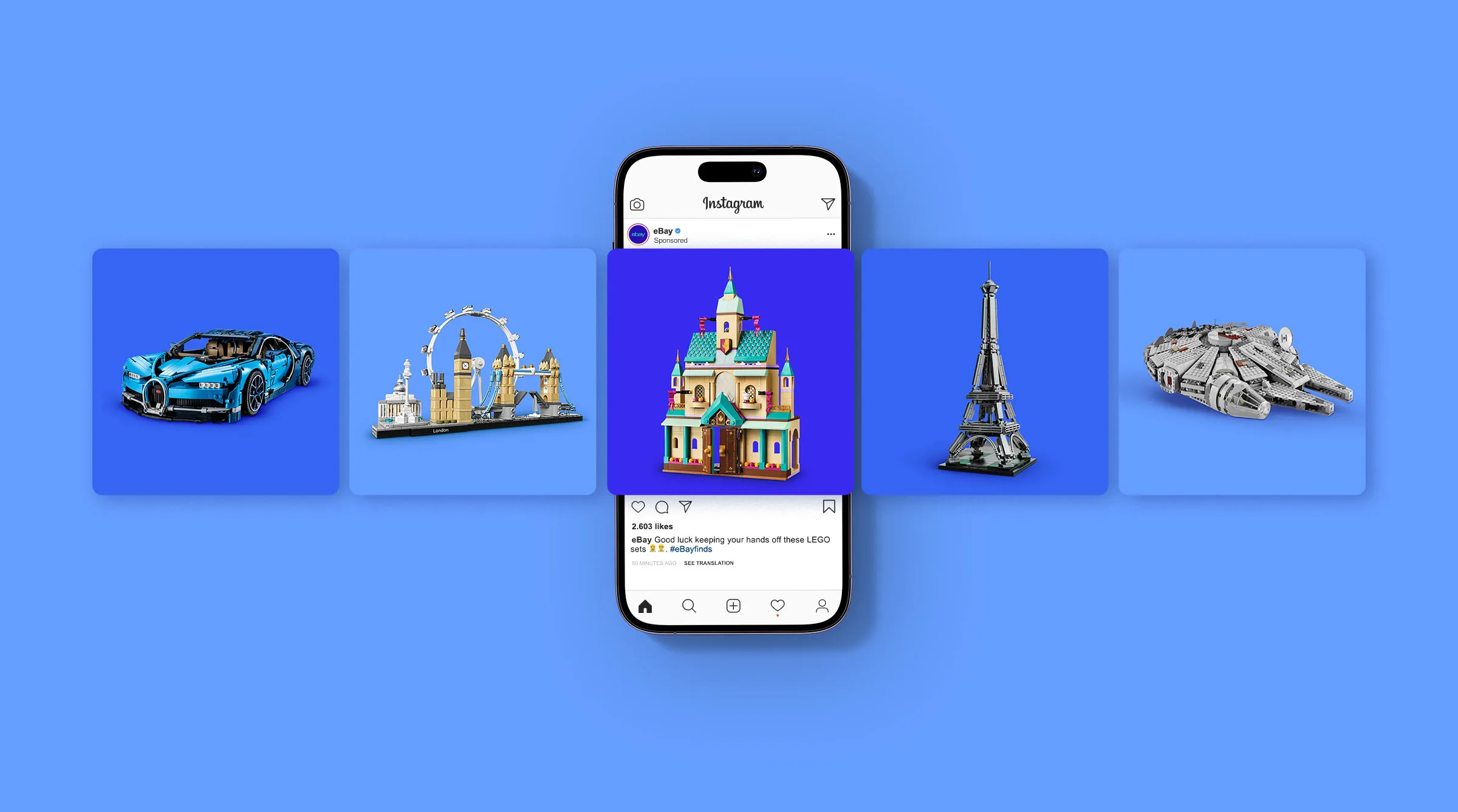 eBay Instagram carousel with LEGO sets, shown around a phone displaying the post