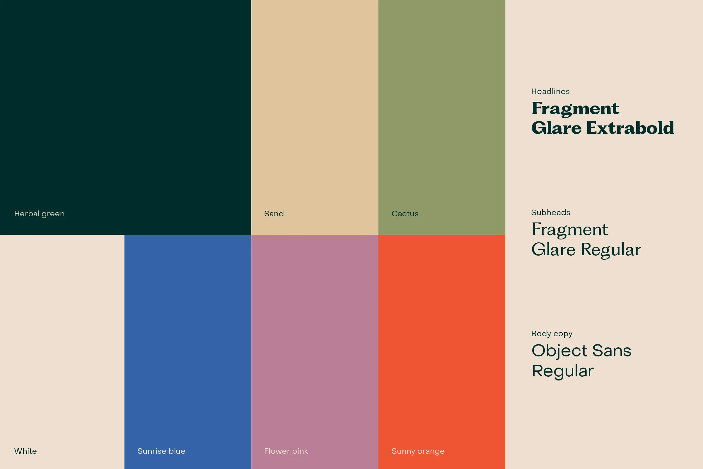 Color palette with Herbal green, Sand, Cactus, White, Sunrise blue, Flower pink, and Sunny orange, next to the Fragment Glare and Object Sans typefaces