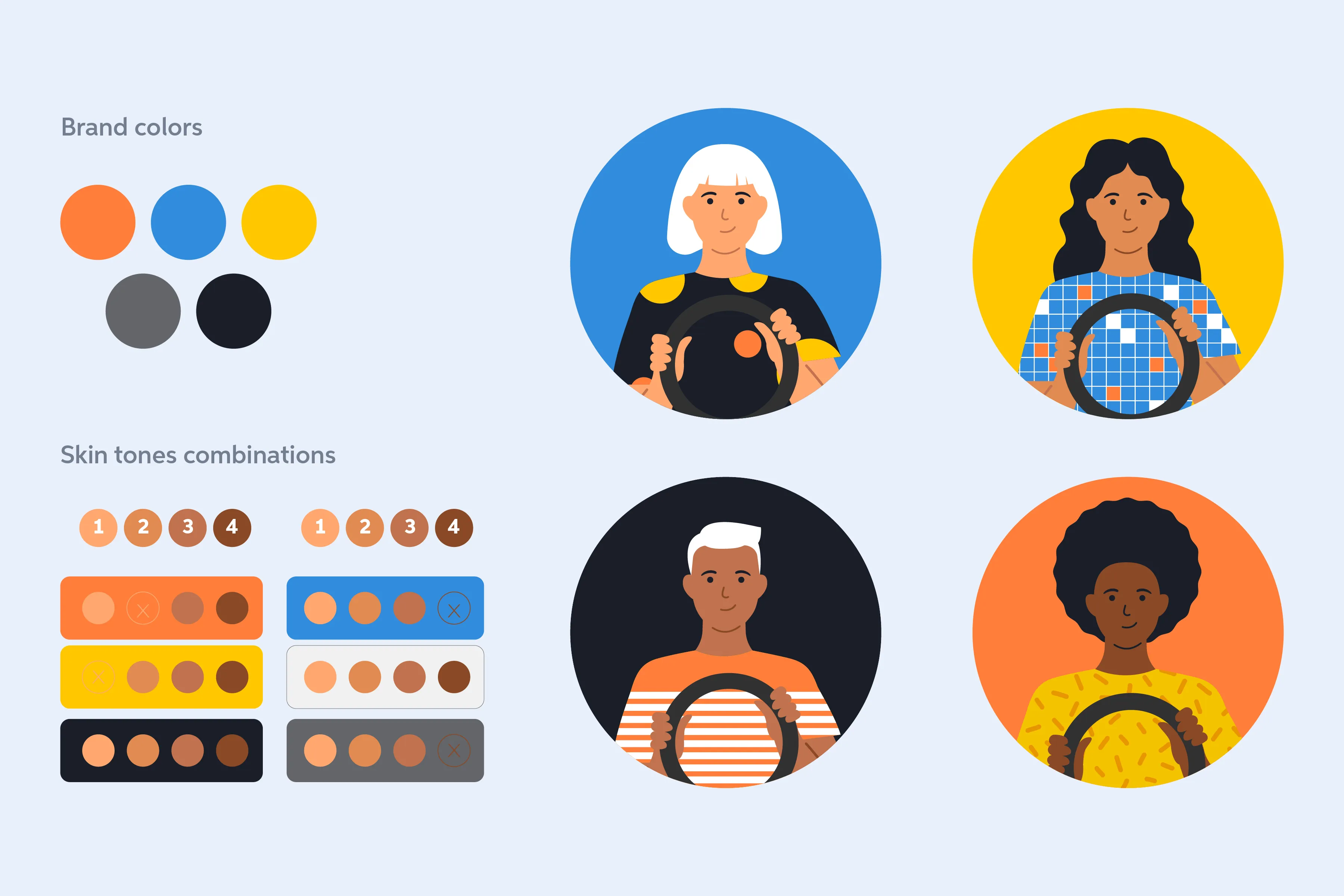 Brand colors and skin tone combinations applied to circular driver portraits