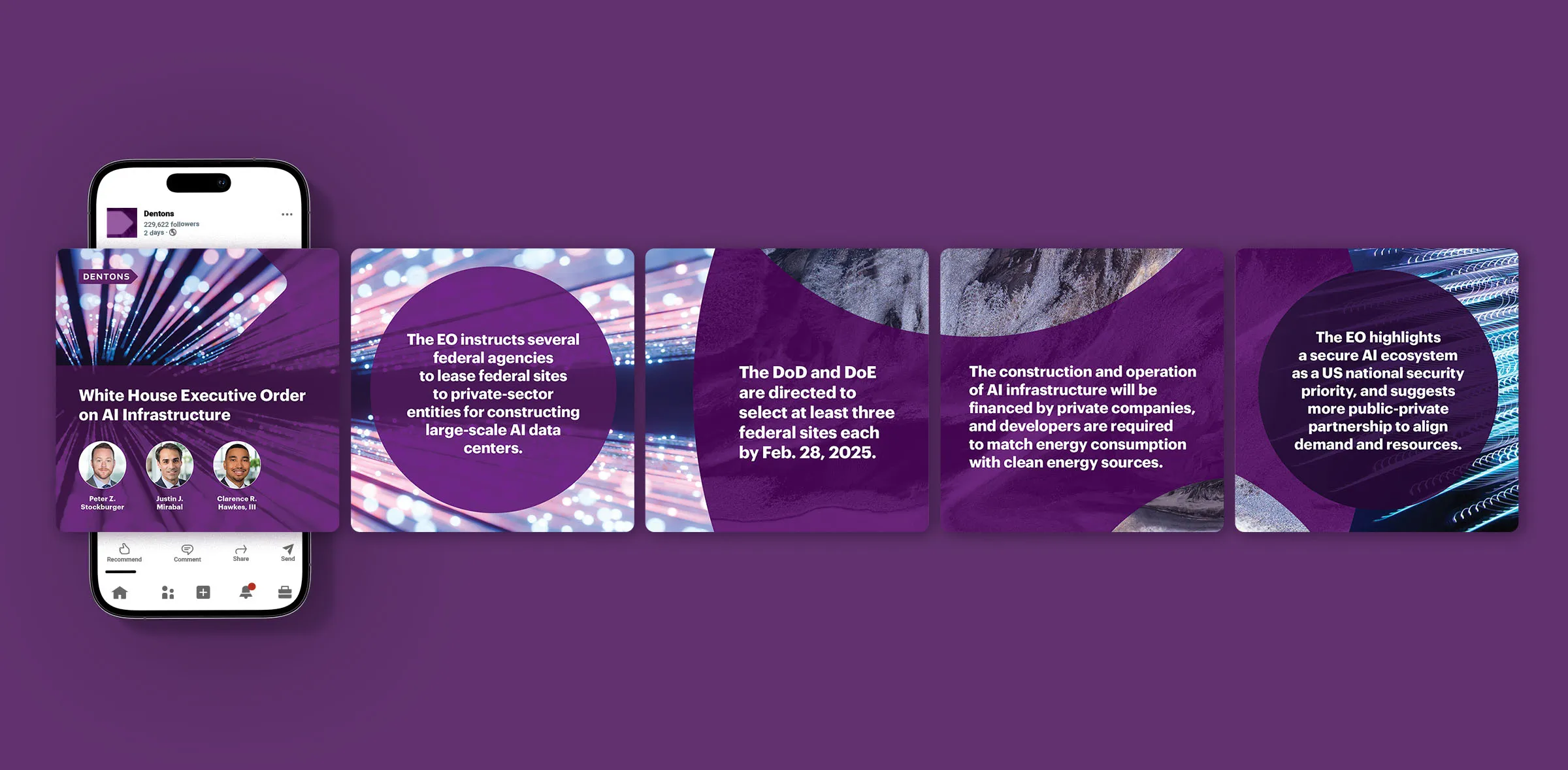 Dentons LinkedIn carousel on the White House Executive Order on AI Infrastructure, shown next to a phone