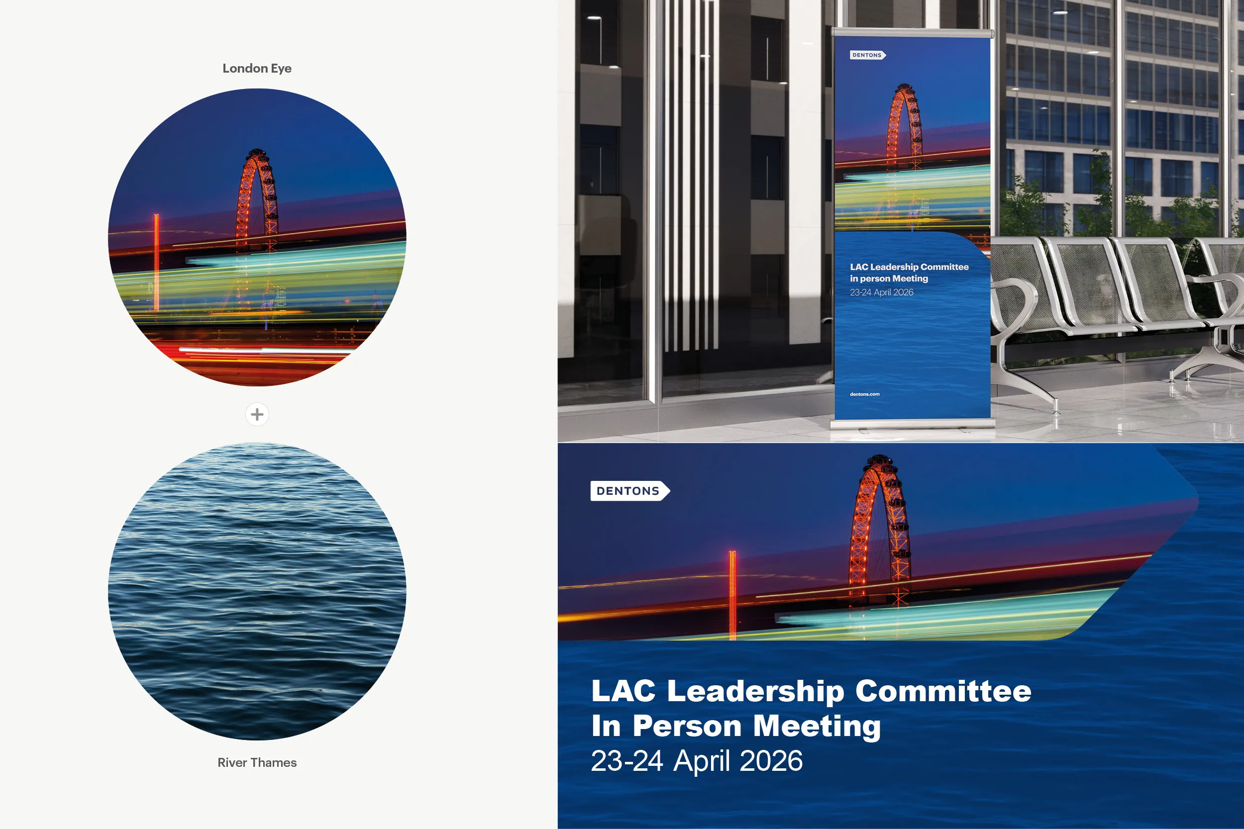 London Eye paired with the River Thames, applied to a roll-up banner and a LAC Leadership Committee In Person Meeting slide in dark blue