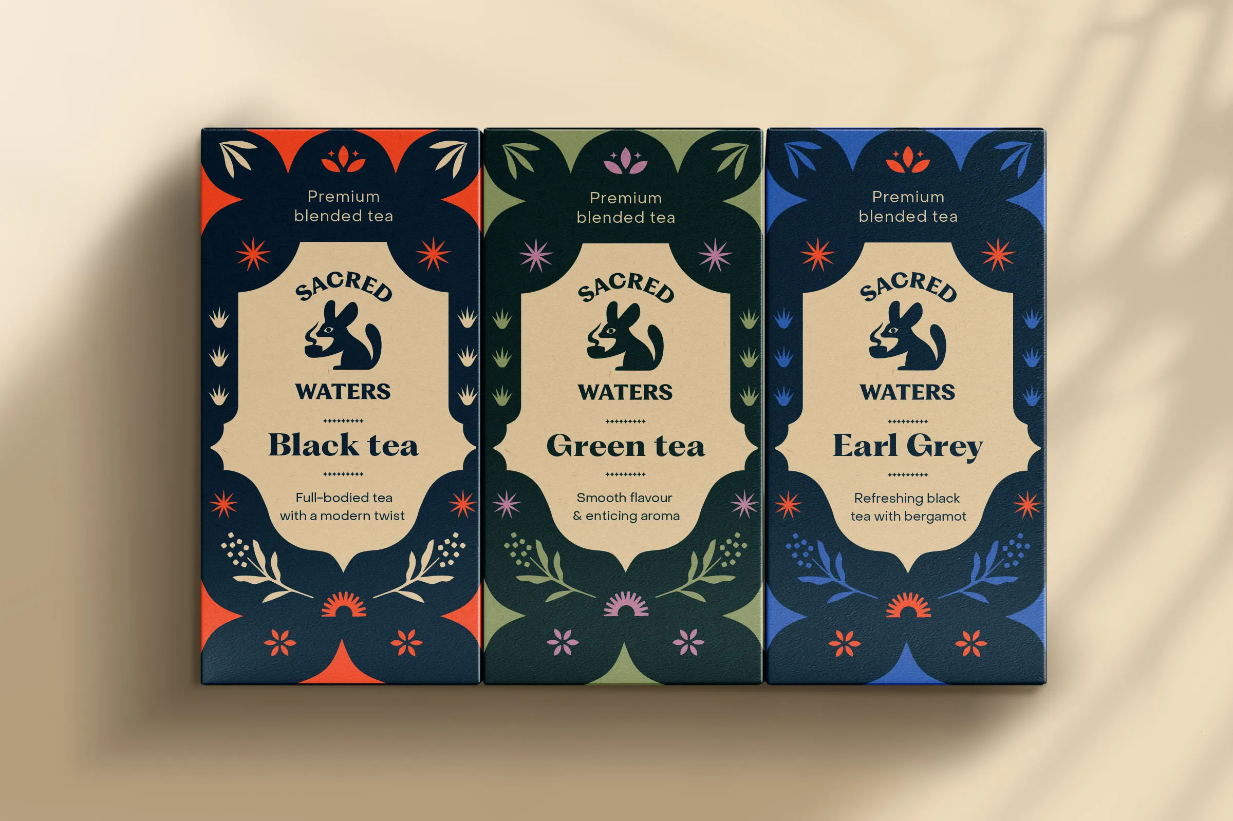 Black tea, Green tea, and Earl Grey boxes side by side