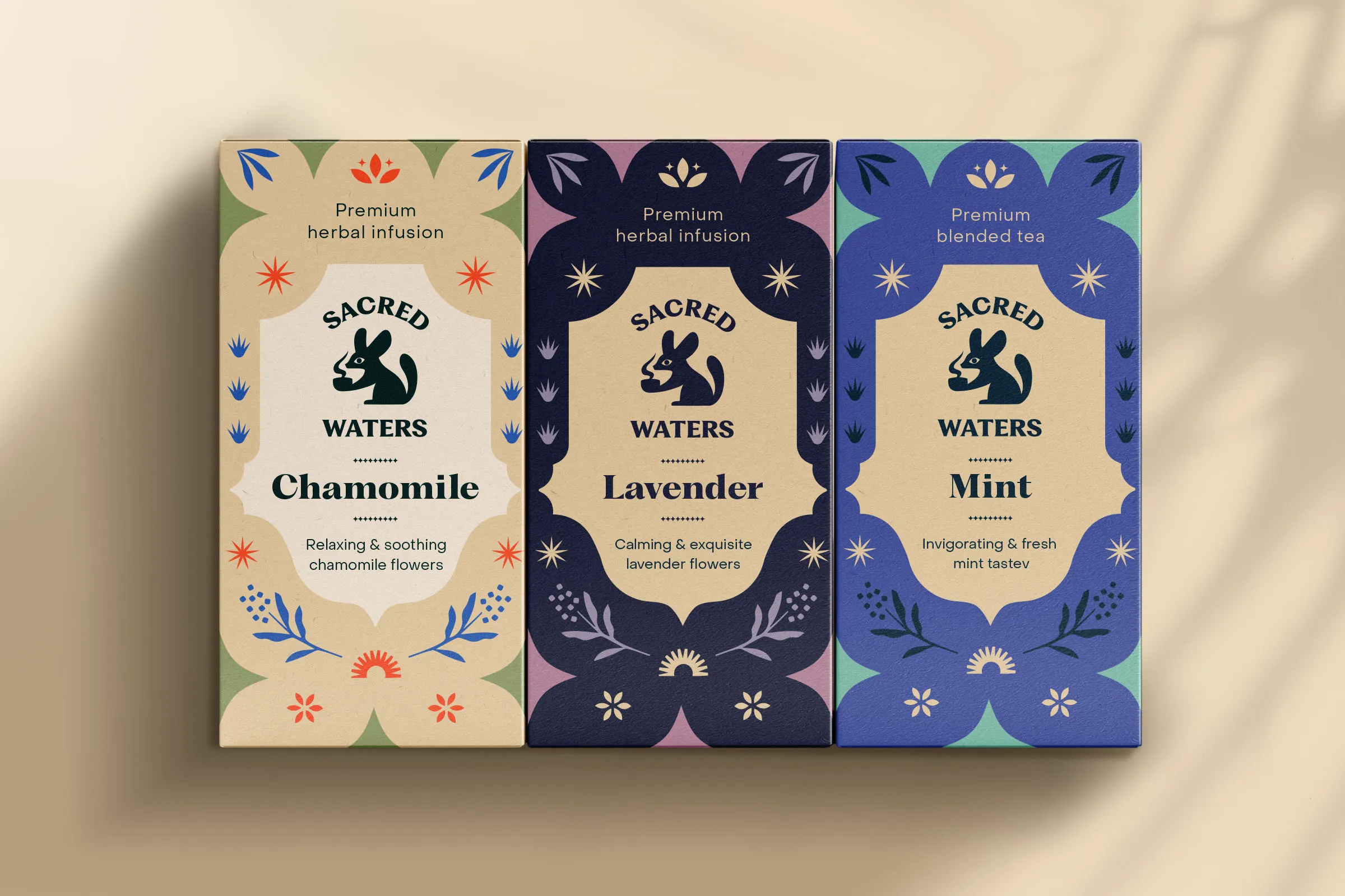 Chamomile, Lavender, and Mint herbal infusion boxes side by side