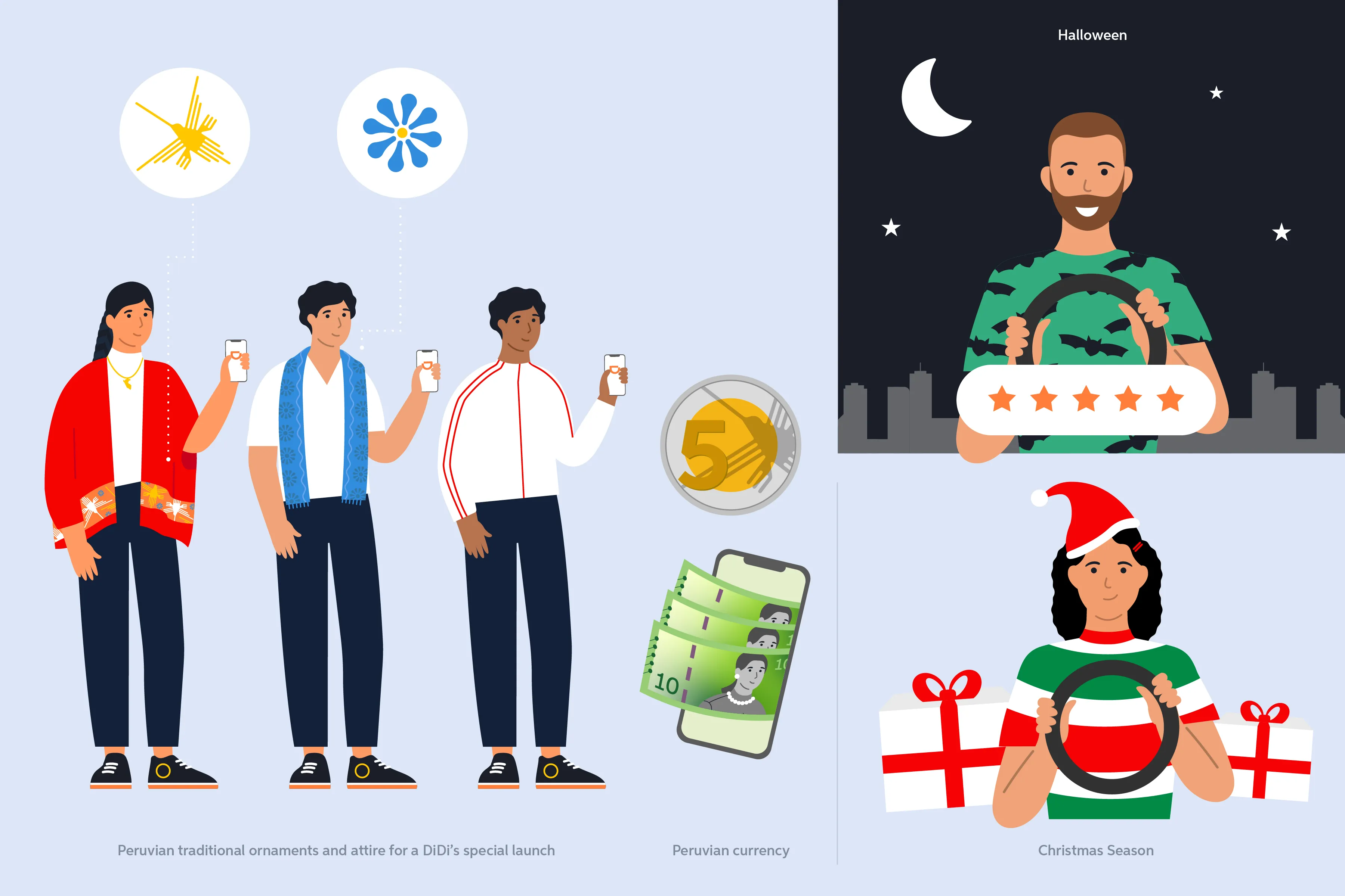 Seasonal and regional illustrations: Peruvian traditional attire for a special launch, Peruvian currency, Halloween and Christmas