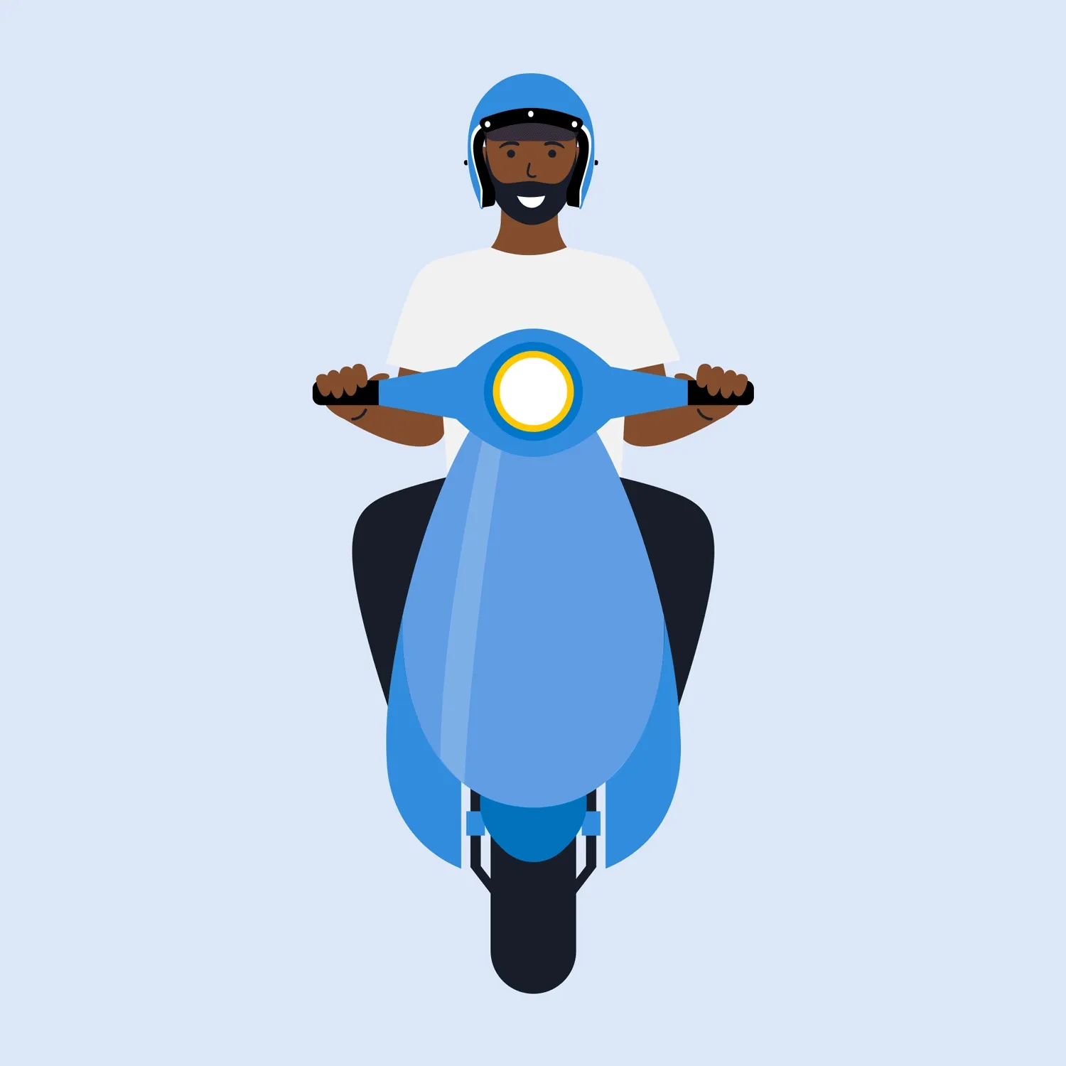 Animated illustration of a rider on a blue scooter