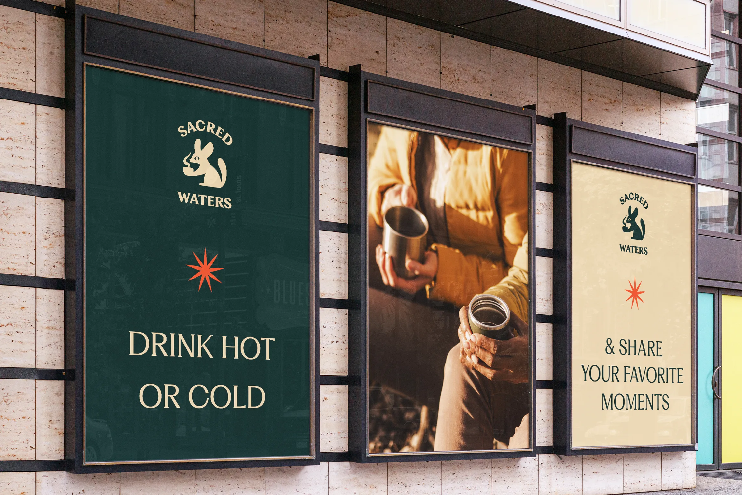 Storefront posters reading Drink hot or cold and Share your favorite moments, with a photo of people holding tea cups