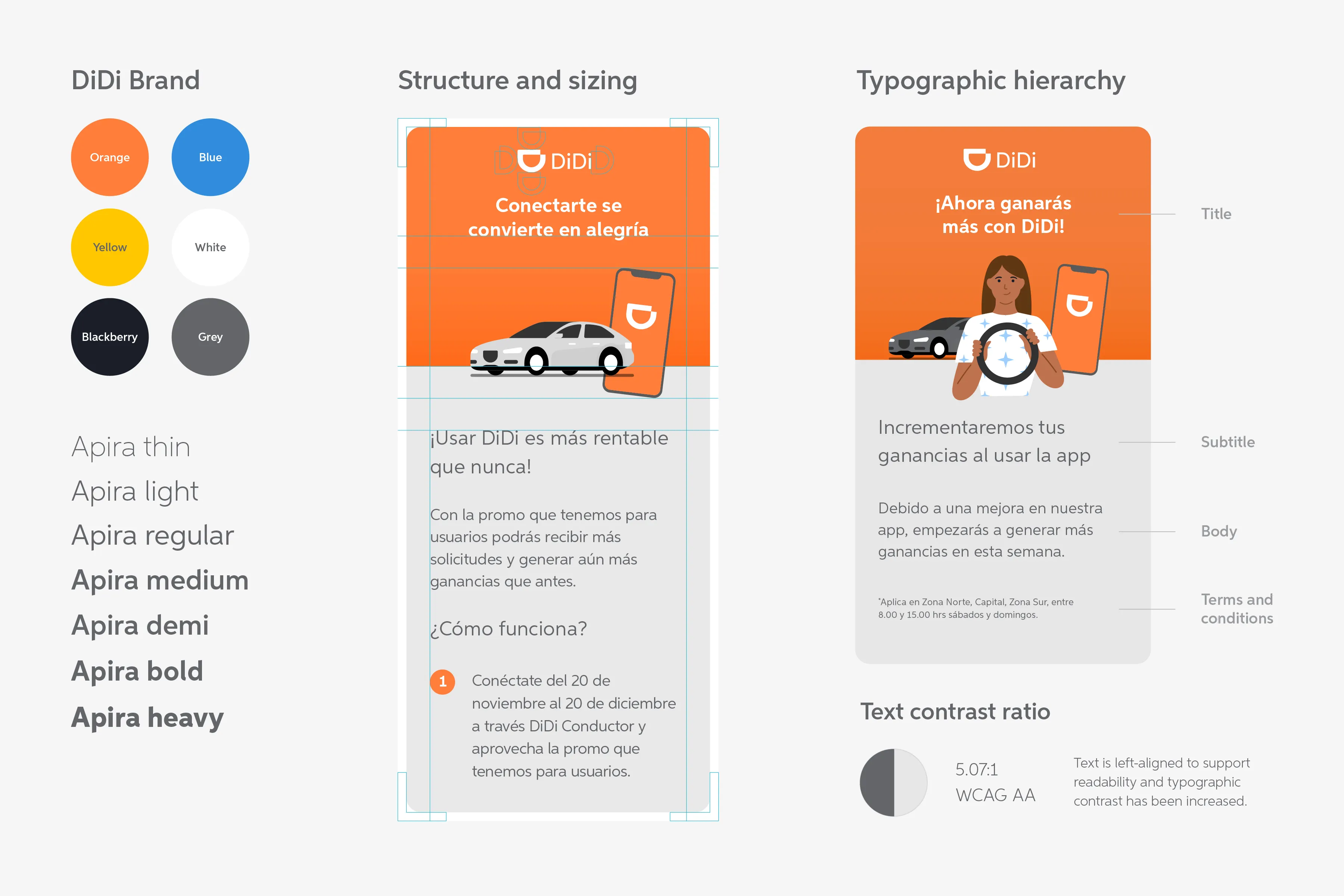DiDi brand colors, Apira typeface weights, structure and sizing on a 750px grid, typographic hierarchy and text contrast ratio
